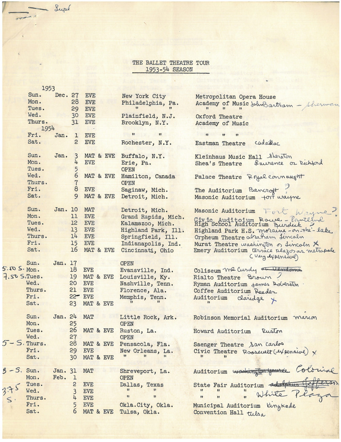 Ballet Theatre 1953-54 Domestic Touring Schedule, December 27th-February 6th.