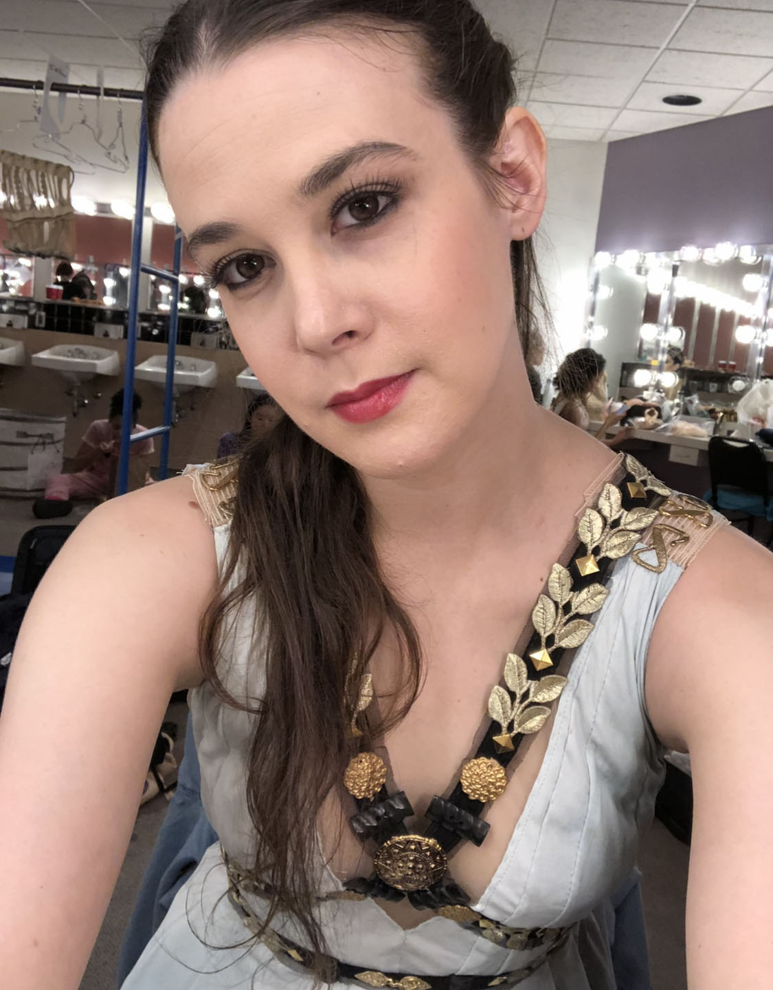 Stephanie Williams in costume for Of Love and Rage backstage at Segerstrom Center for the Arts. Photo courtesy of Stephanie Williams.