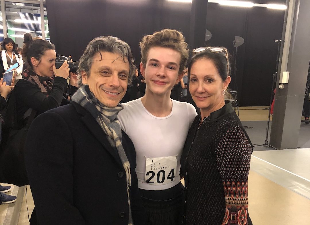 Fabrice Herrault, Finalist Max Barker, and Cynthia Harvey at the 2020 Prix de Lausanne. Photo: Elizabeth Aymong.