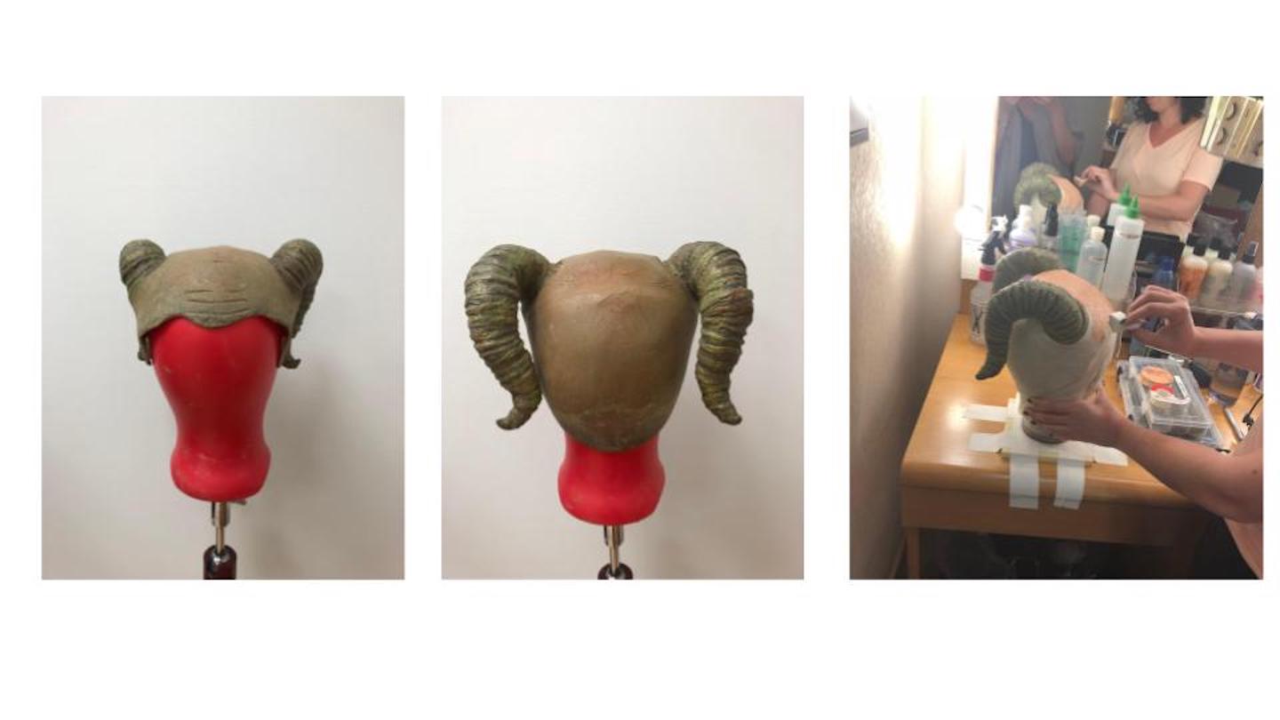Von Rothbart Lakeside’s prosthetic headpiece.<br>A disposable baldcap (right) fits over the interior headpiece (left) and is then painted and glued to the dancer. <br>Photos: Rena Most and Jill Haley Gugliuzza.