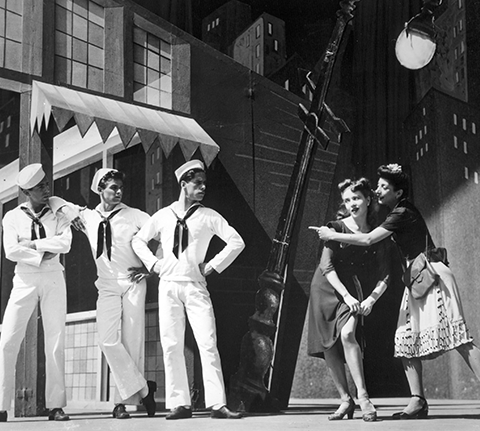 The original cast of Fancy Free (1944): Jerome Robbins, John Kriza, Harold Lang, Janet Reed and Muriel Bentley. Photo: Maurice Seymour.